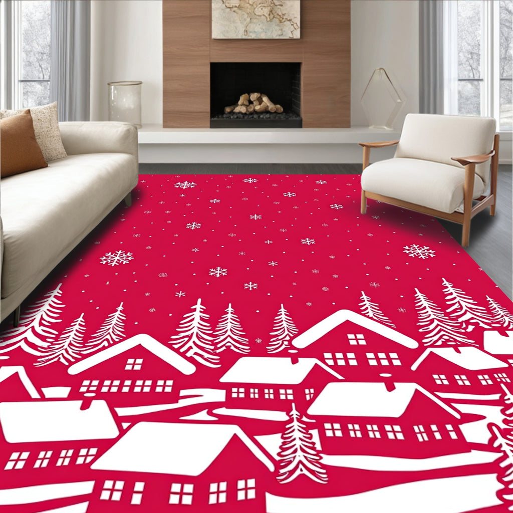 Festive Red Snowy Village Snowflakes Rug