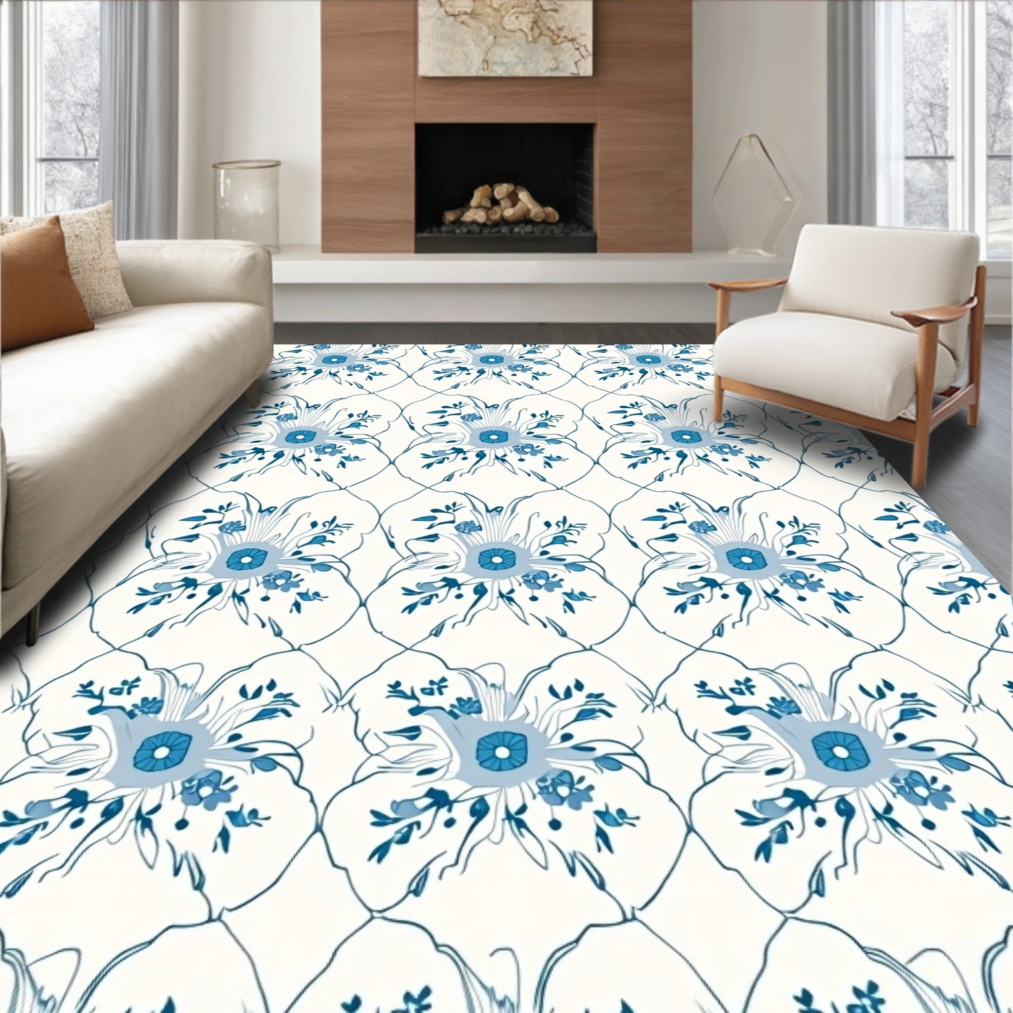 Classic Blue Floral Arabesque Rug