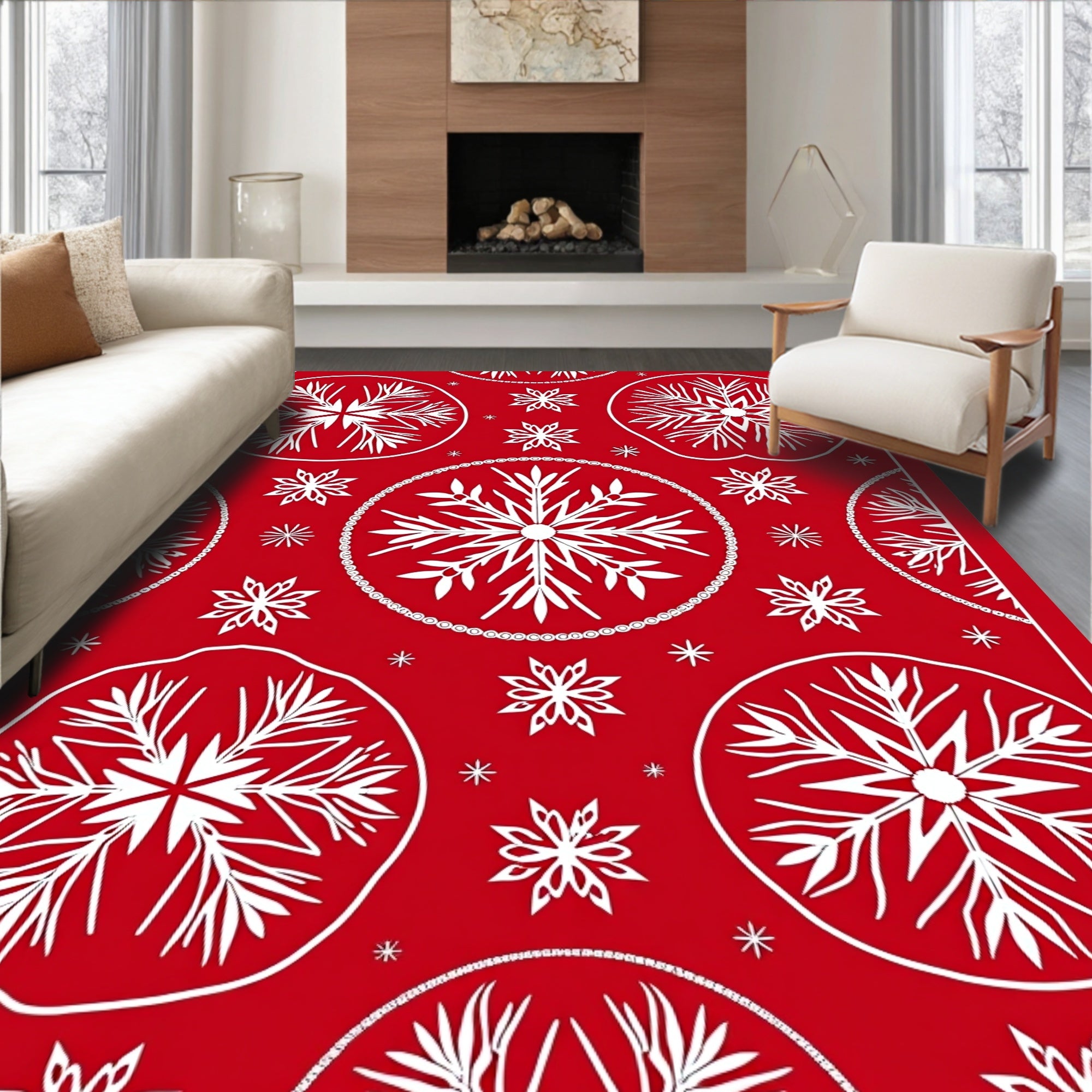 Crimson White Snowflake Medallion Rug