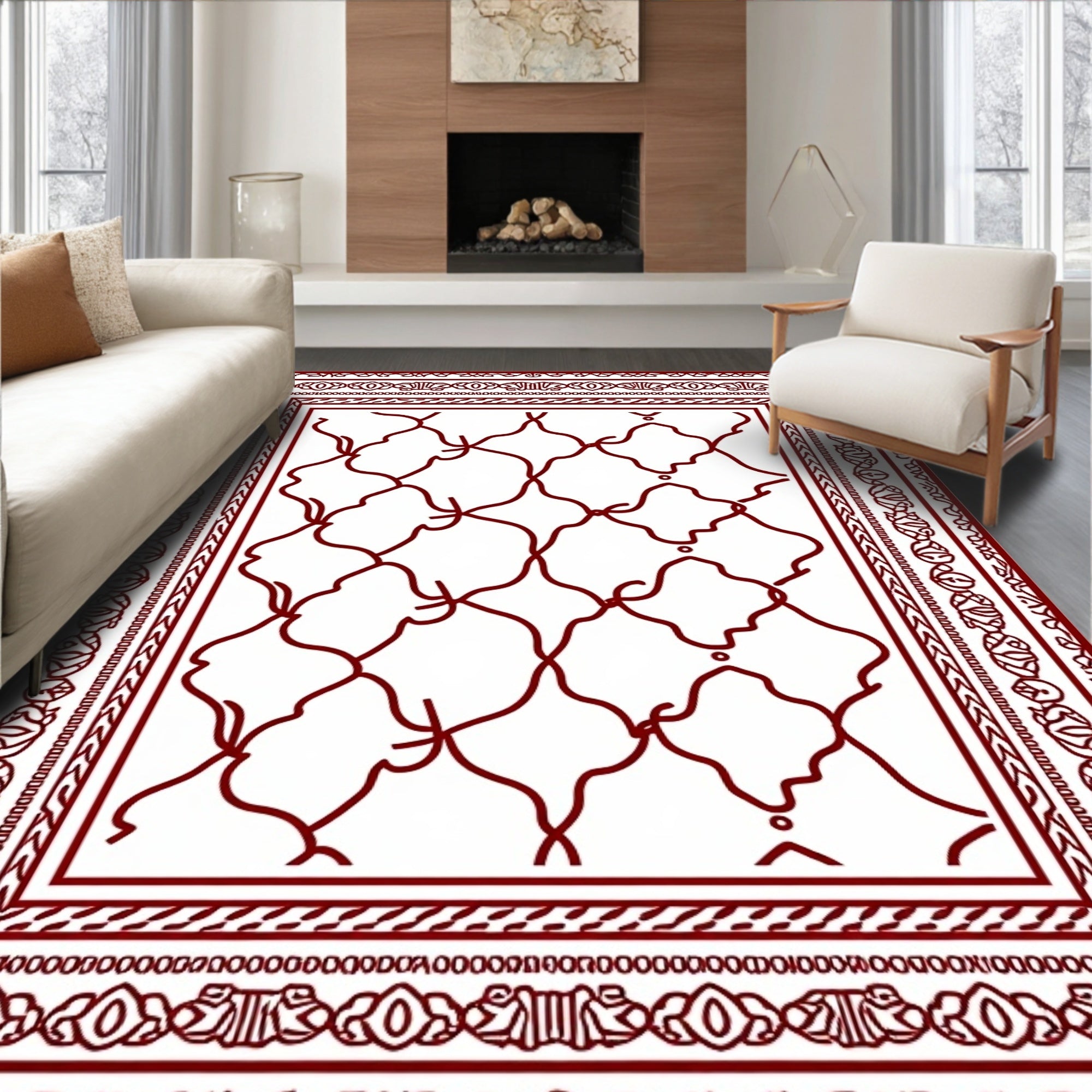 Rich Burgundy Interlocking Lattice Border Rug