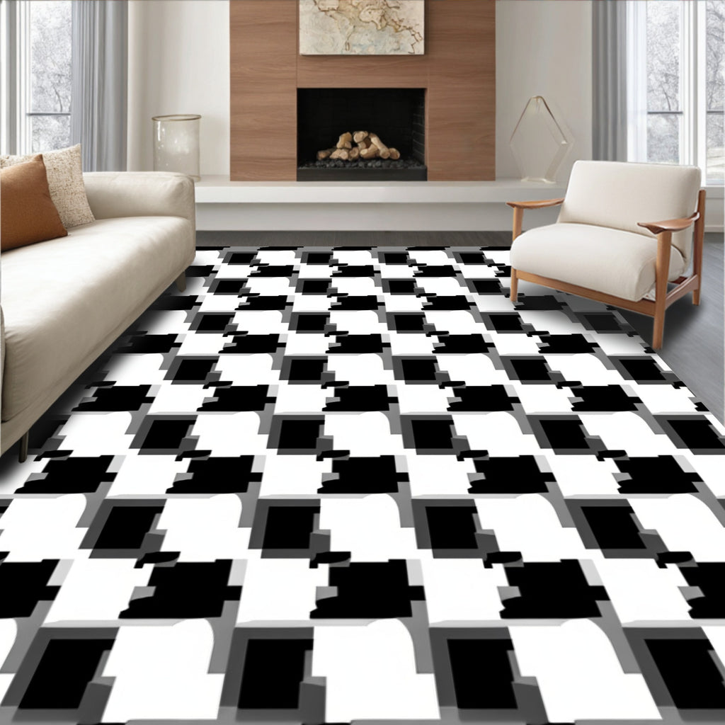 Black White Abstract Squared Grid Rug