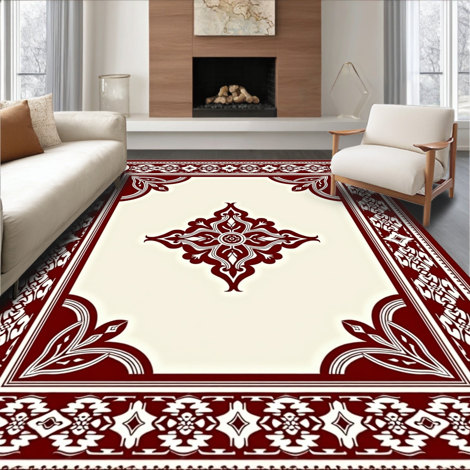 Ornate Crimson Floral Border Cream Rug