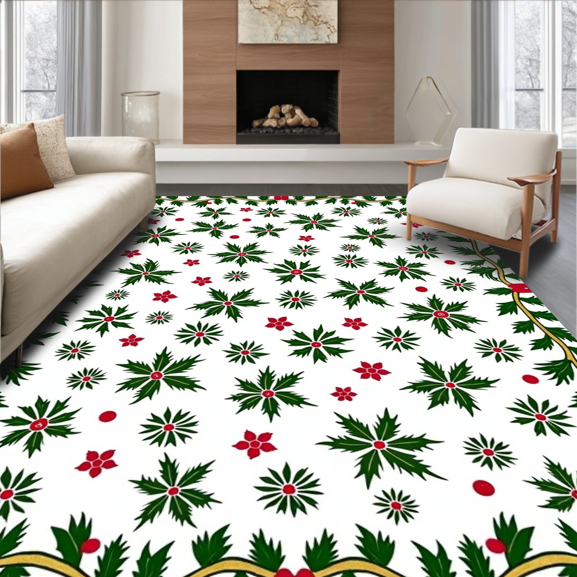 Green Holly Red Berry Wreath Rug