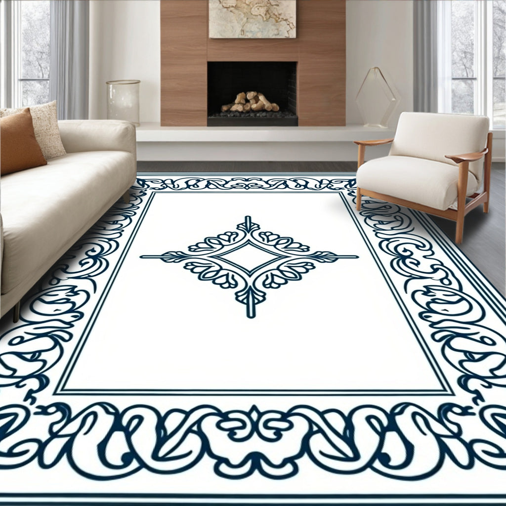 Dark Blue Ornate Quatrefoil Frame Rug