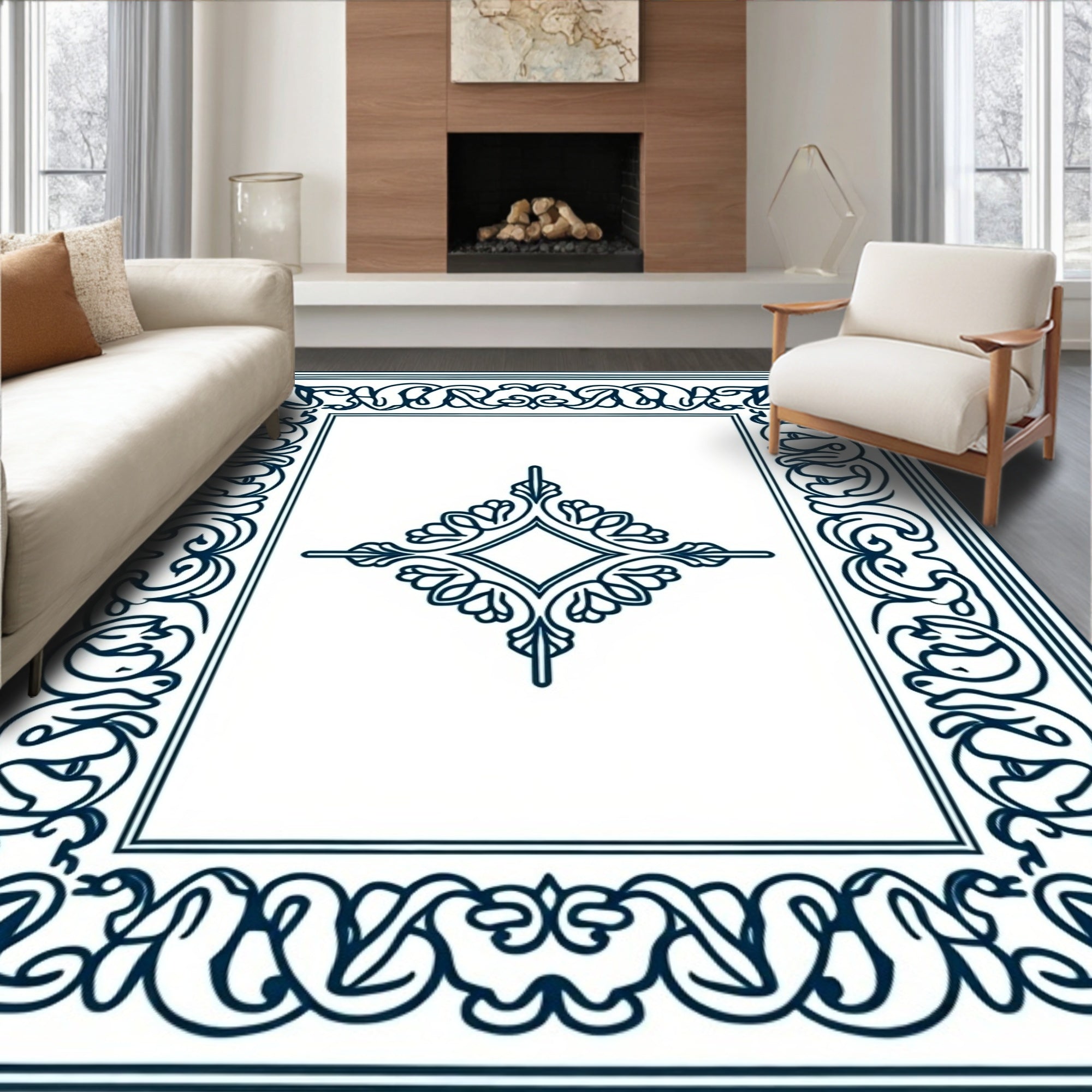 Dark Blue Ornate Quatrefoil Frame Rug