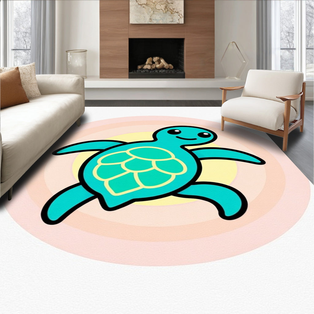 Cute Teal Turtle Sunset Circles Rug