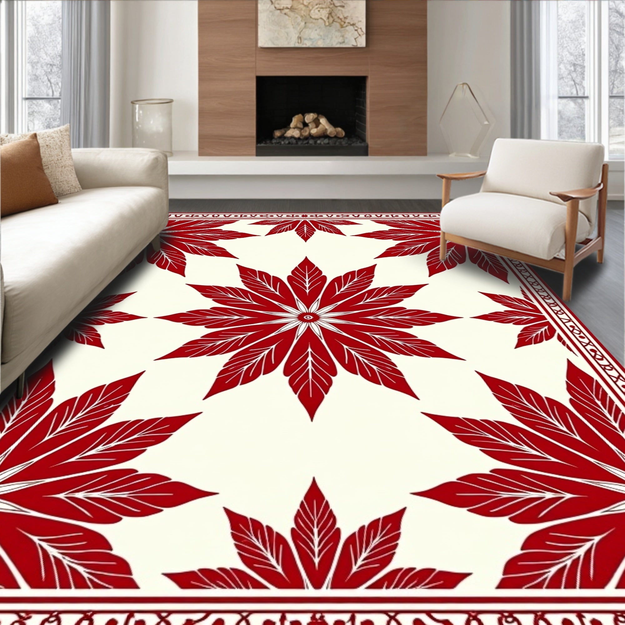Crimson Floral Medallion Cream Border Rug