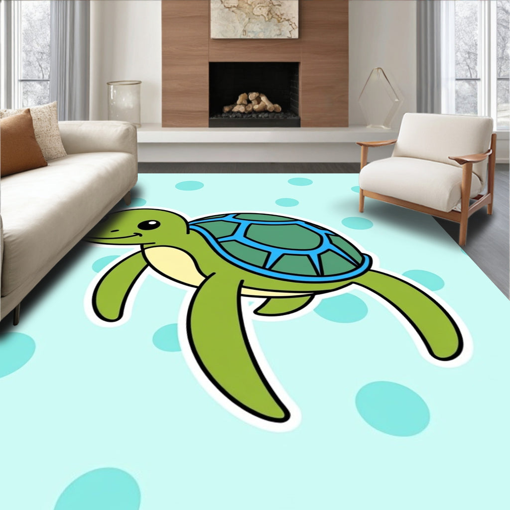 Cute Green Turtle Aqua Dot Background Rug