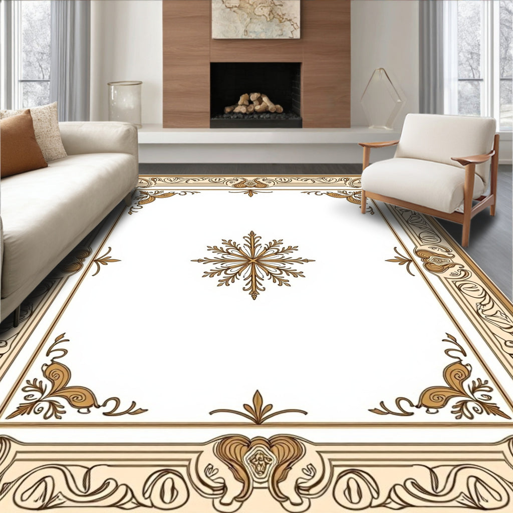 Elegant Cream Gold Art Nouveau Border Rug