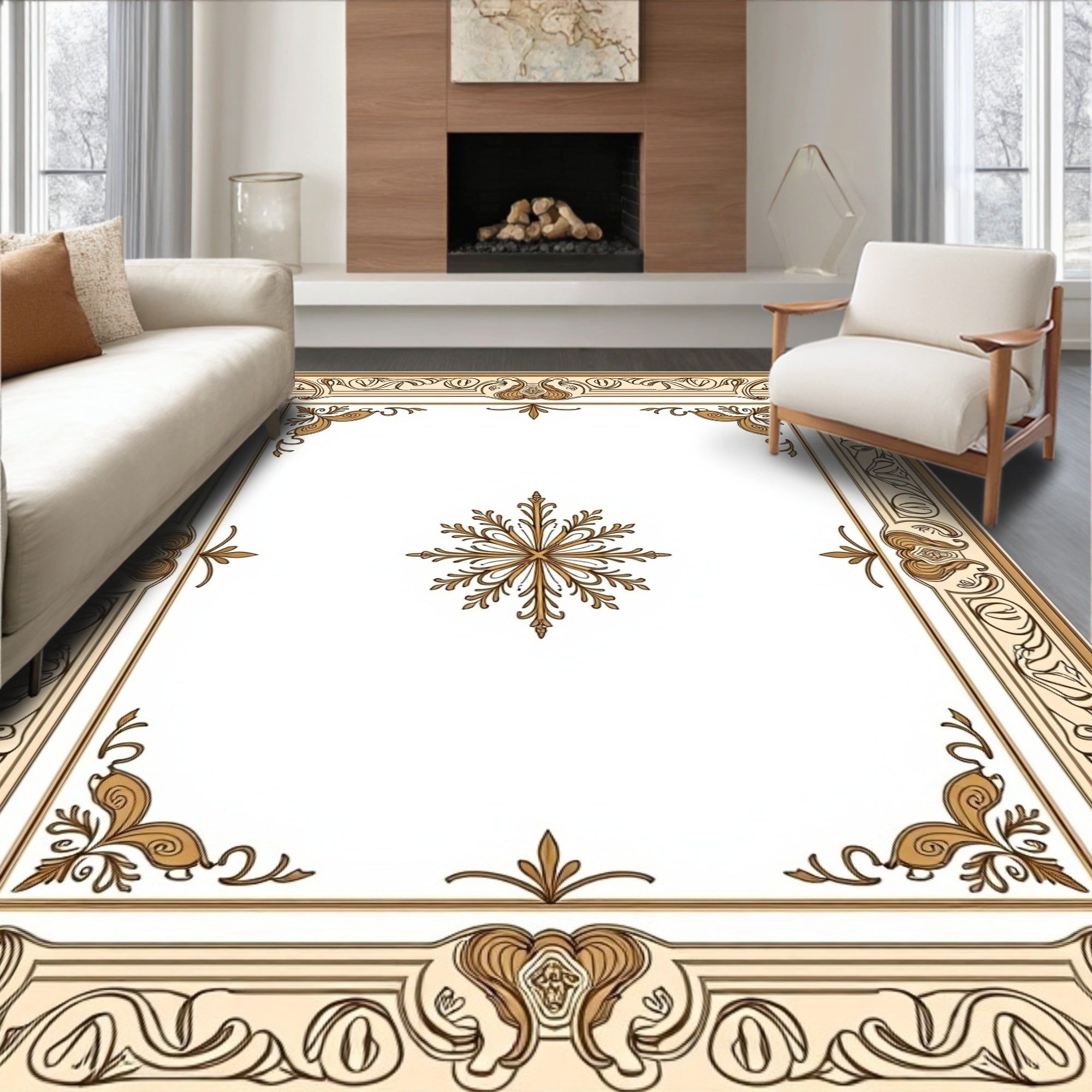 Elegant Cream Gold Art Nouveau Border Rug