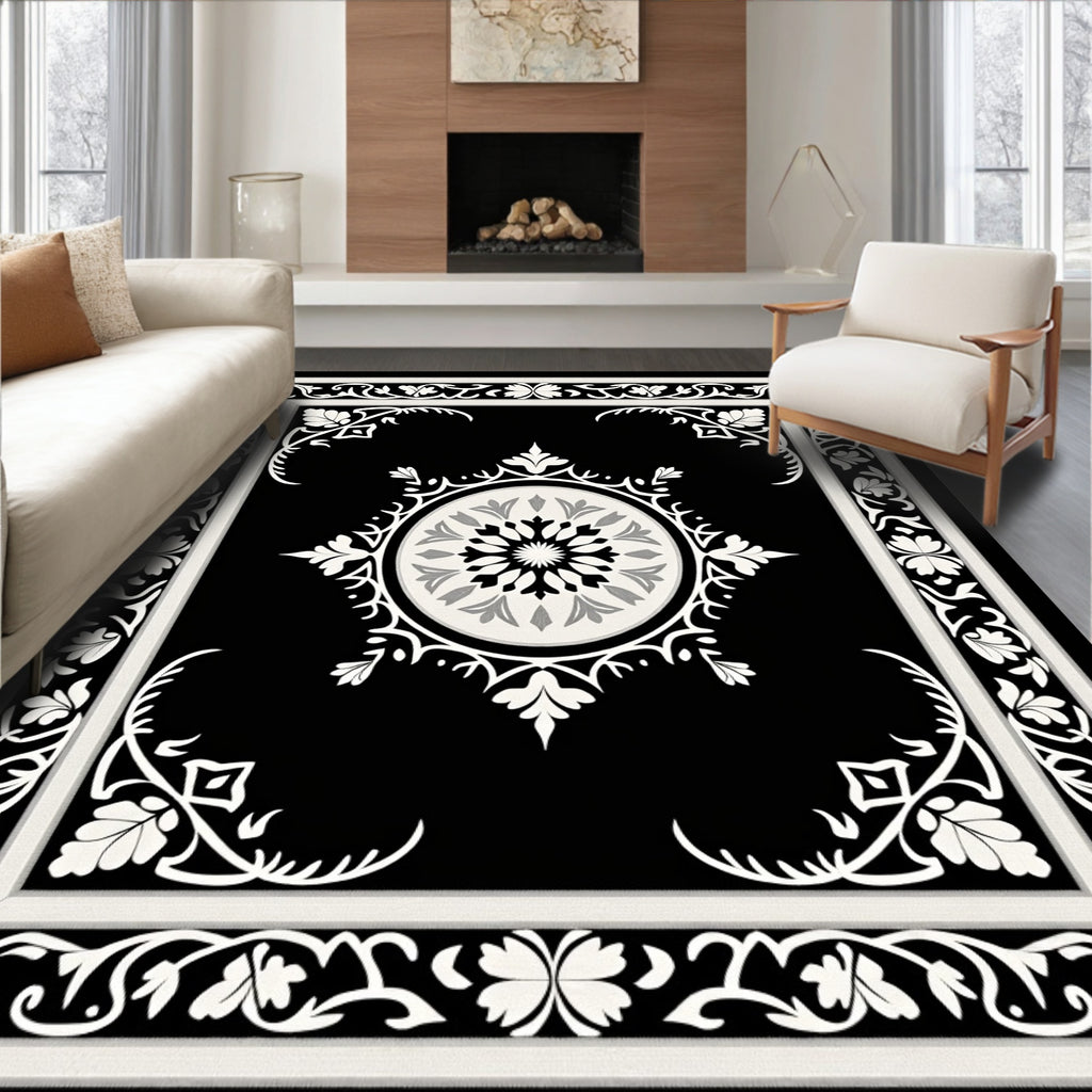 Black and White Floral Medallion Border Rug