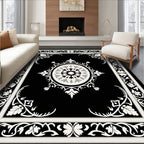 Black and White Floral Medallion Border Rug