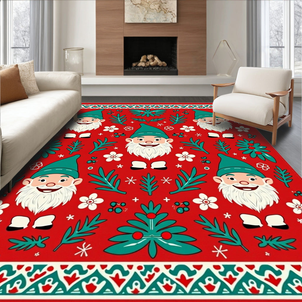 Red Gnome And Teal Evergreen Collage Rug