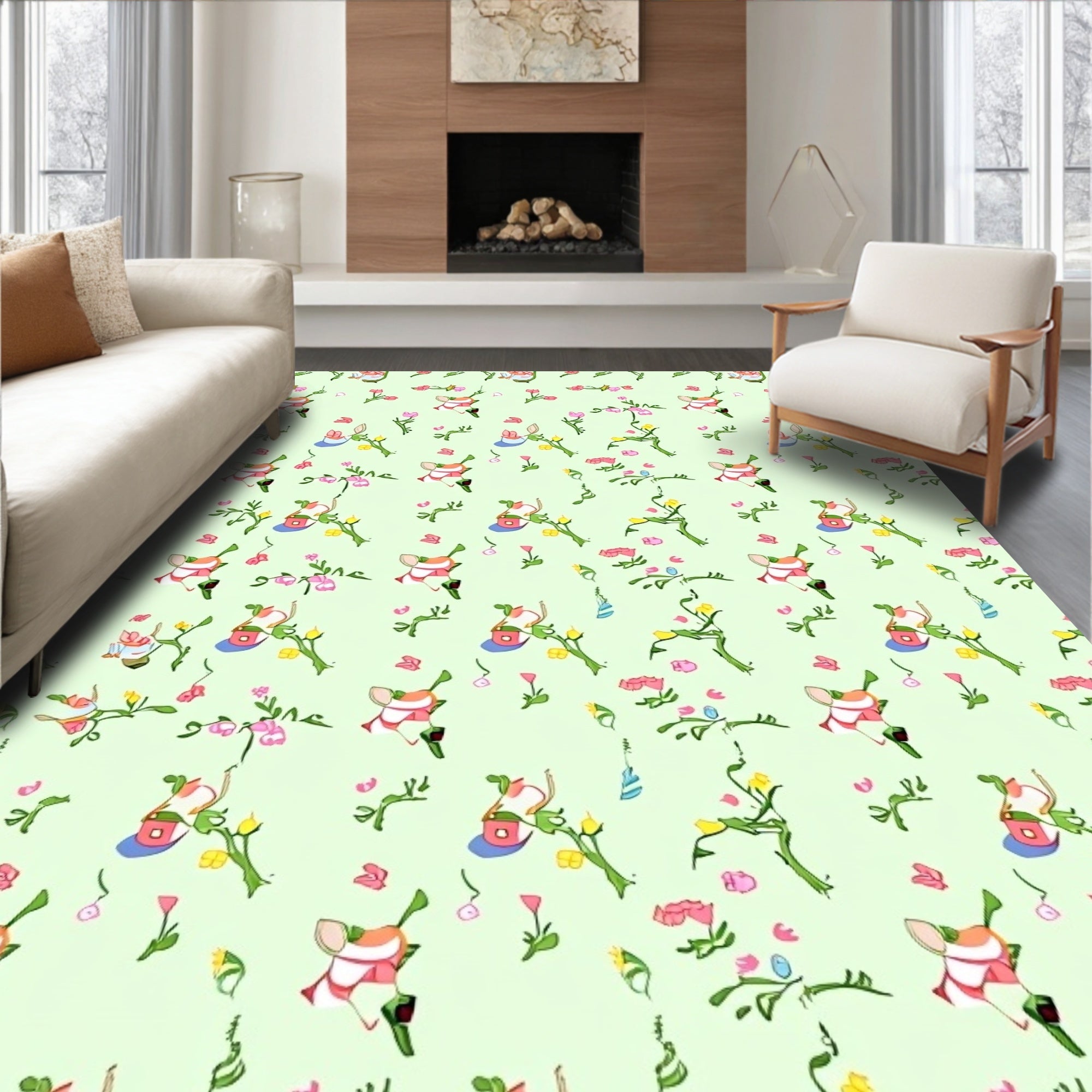 Whimsical Bunny Floral Spring Garden Rug