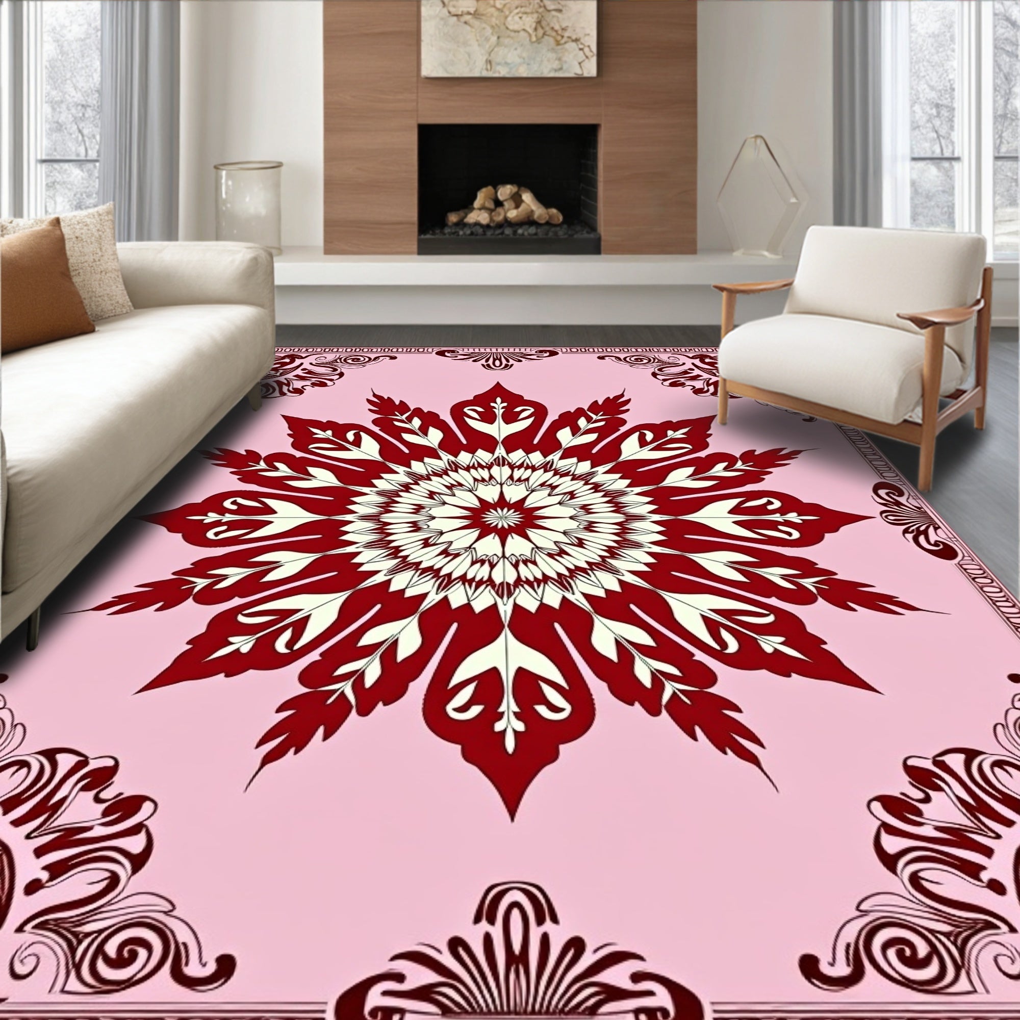 Crimson Floral Medallion Pink Rug