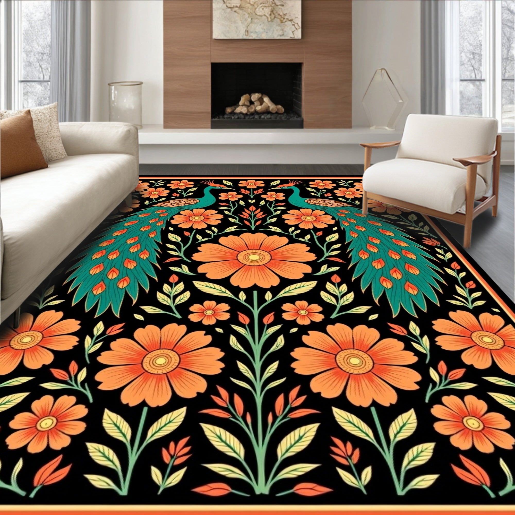 Emerald Peacock Orange Floral Garden Rug