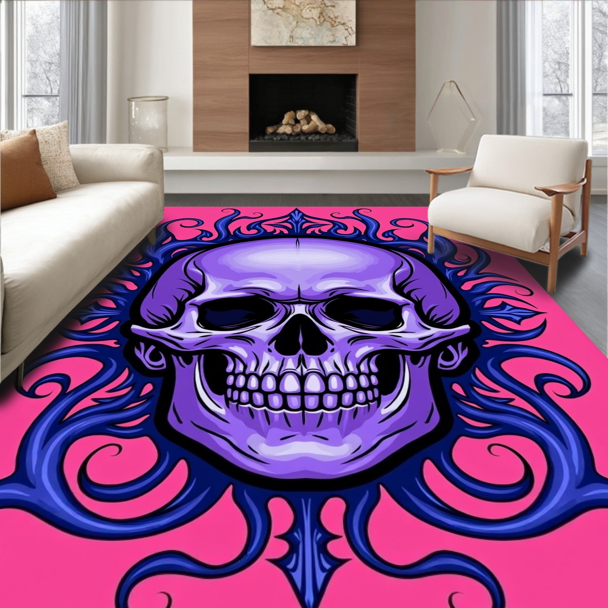 Purple Skull With Blue Swirls Accent Rug