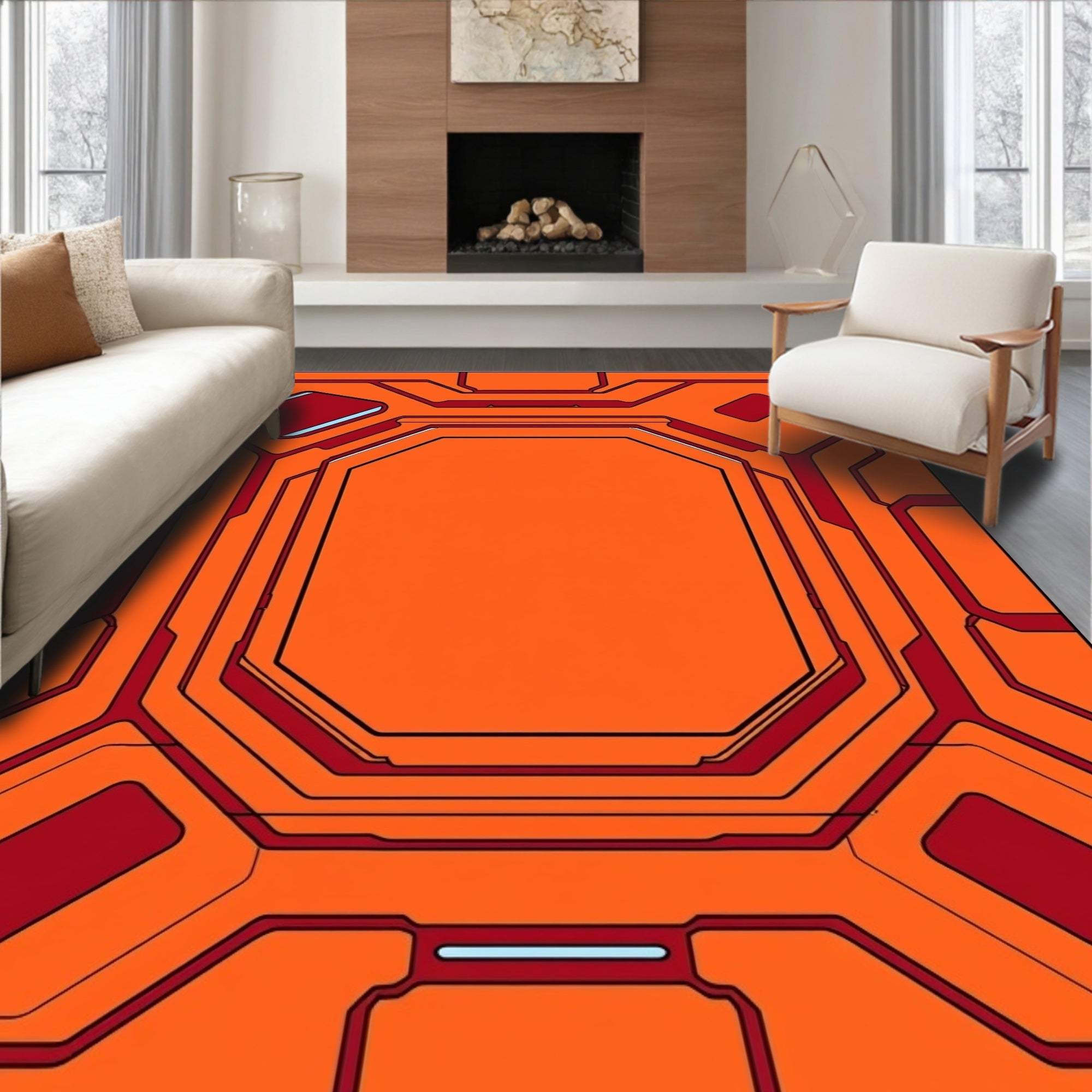 Orange Red Geometric Circuit Board Rug