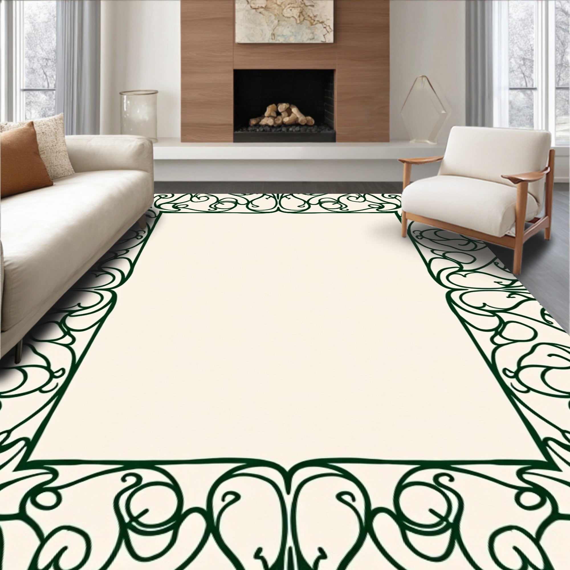 Nature Inspired Emerald Swirl Border Rug