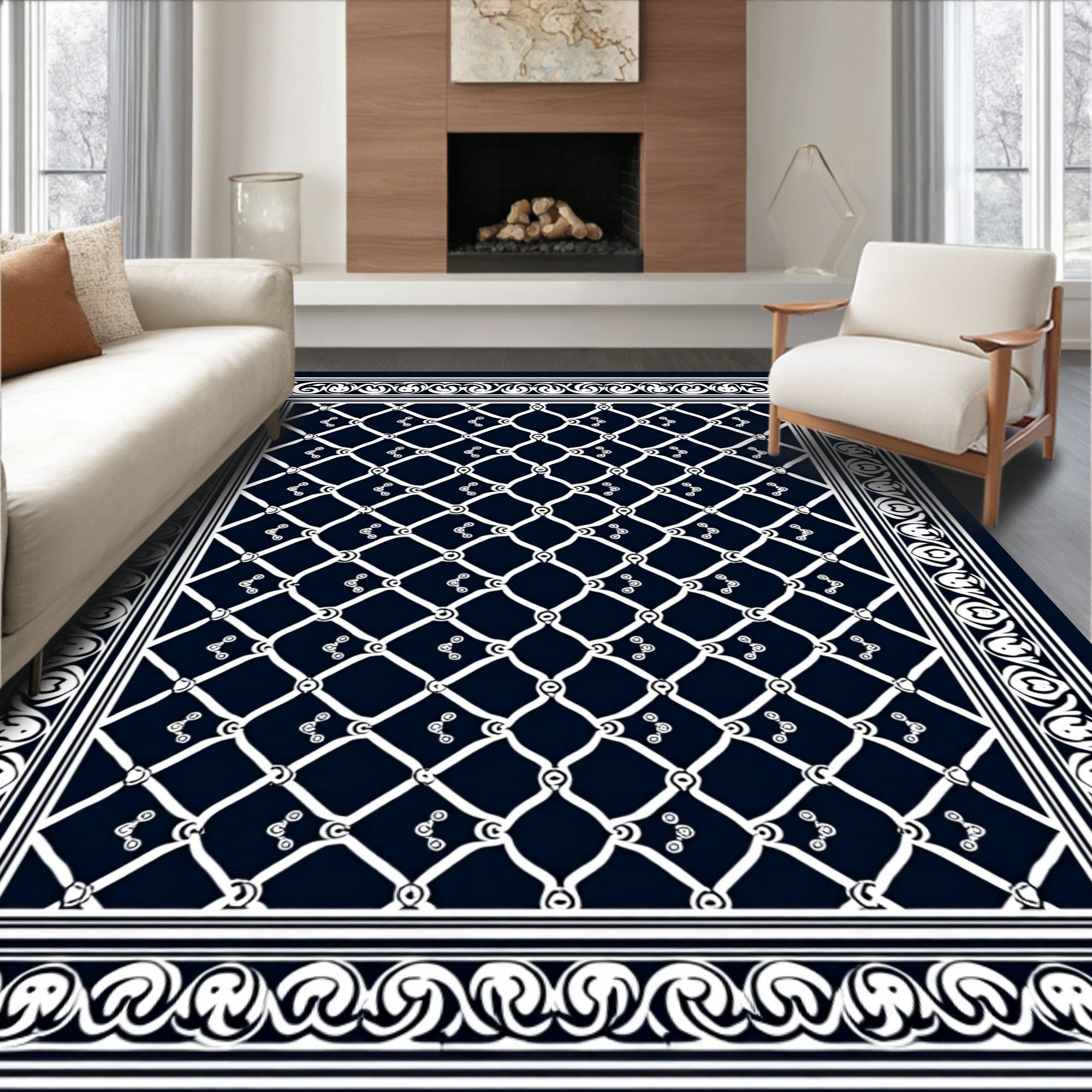 Deep Navy Lattice Border Rug
