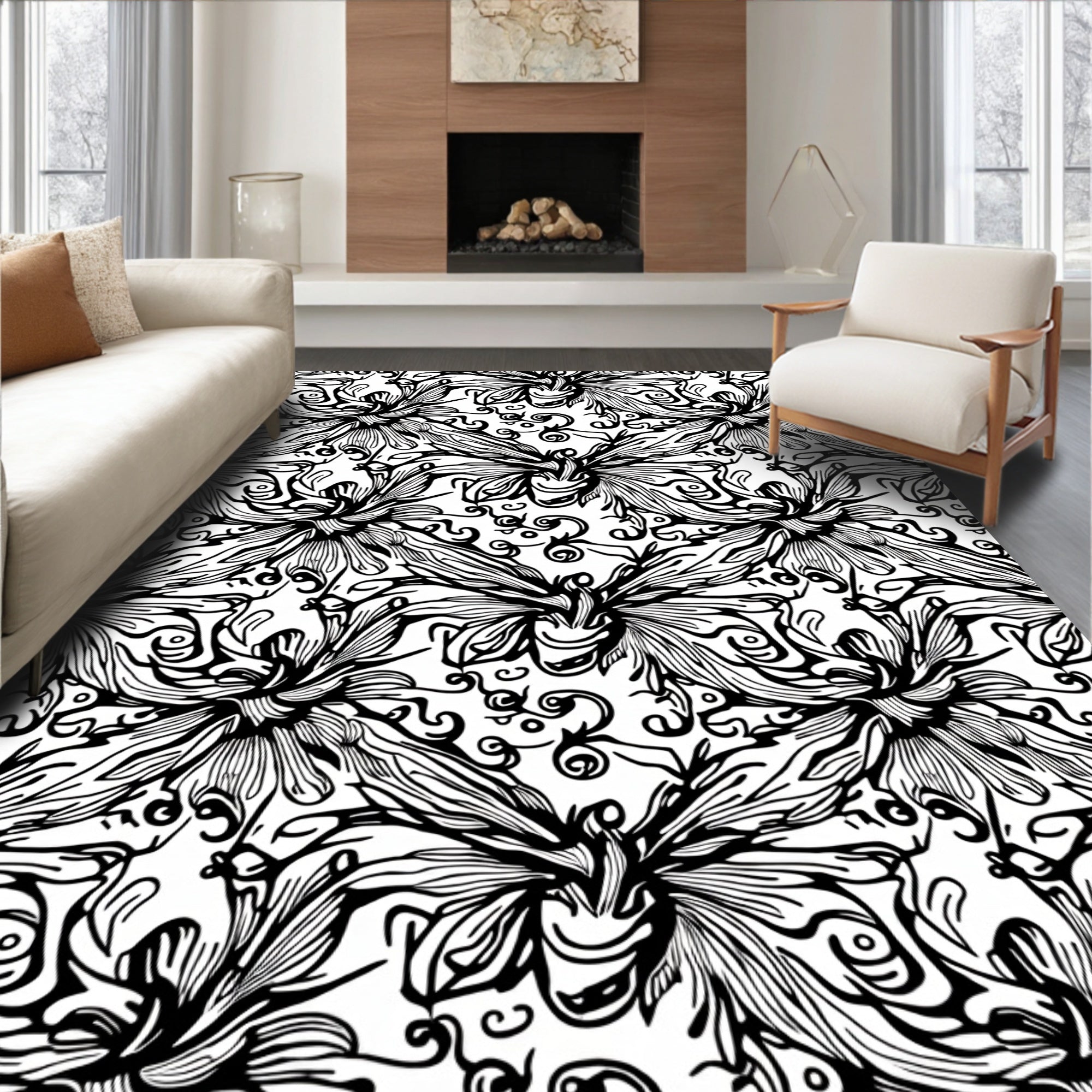 Black White Opulent Floral Swirl Rug