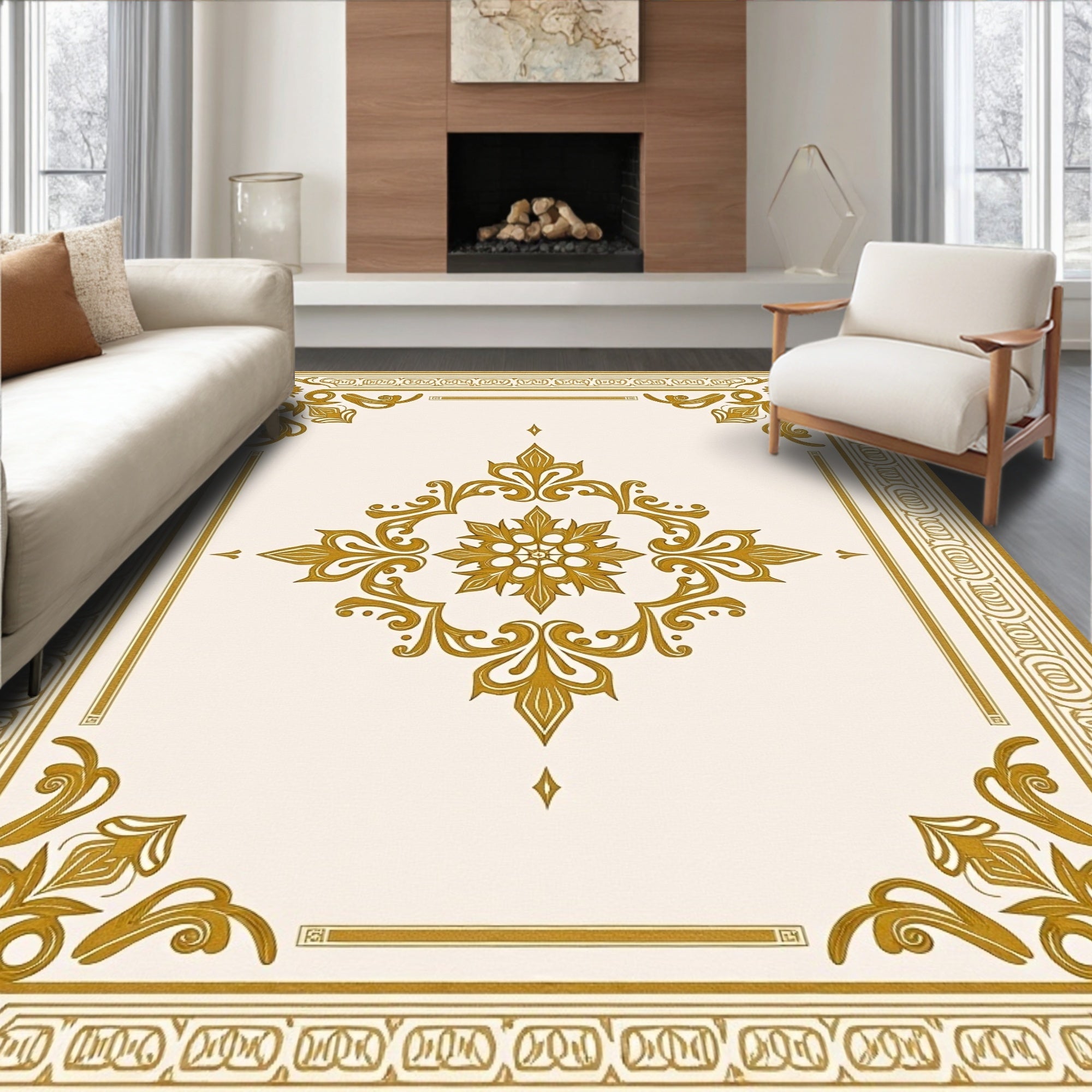 Elegant Gold Filigree Scrollwork Medallion Rug