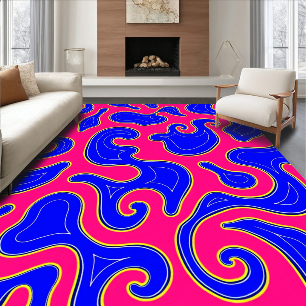 Vibrant Blue Swirls on Pink Background Rug