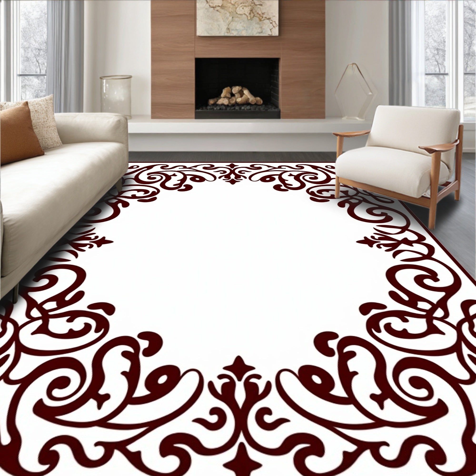 Rich Burgundy Scrollwork Accent Frame Rug