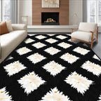 White Feather Diamonds Black Background Rug
