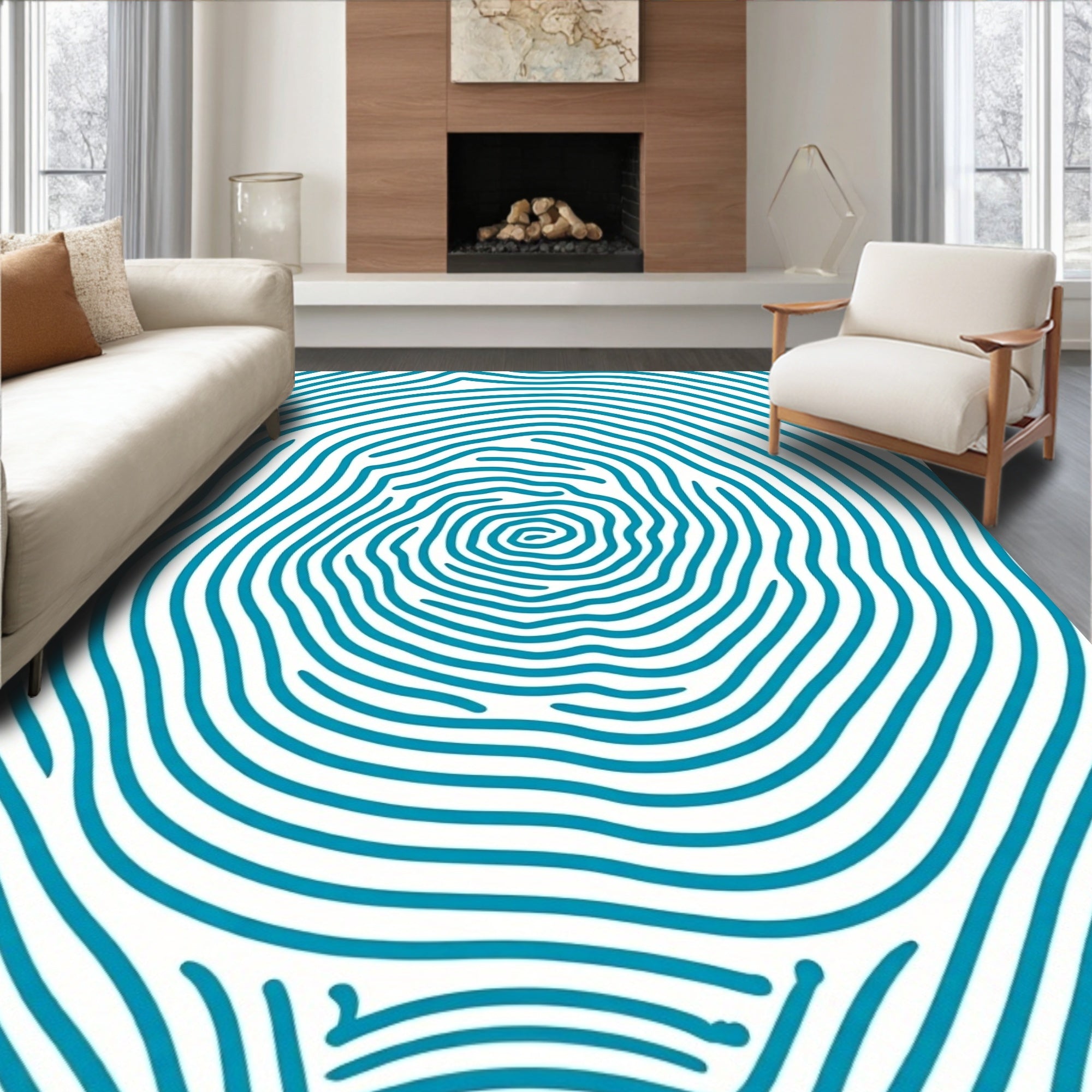 Teal Concentric Fingerprint Lines Rug