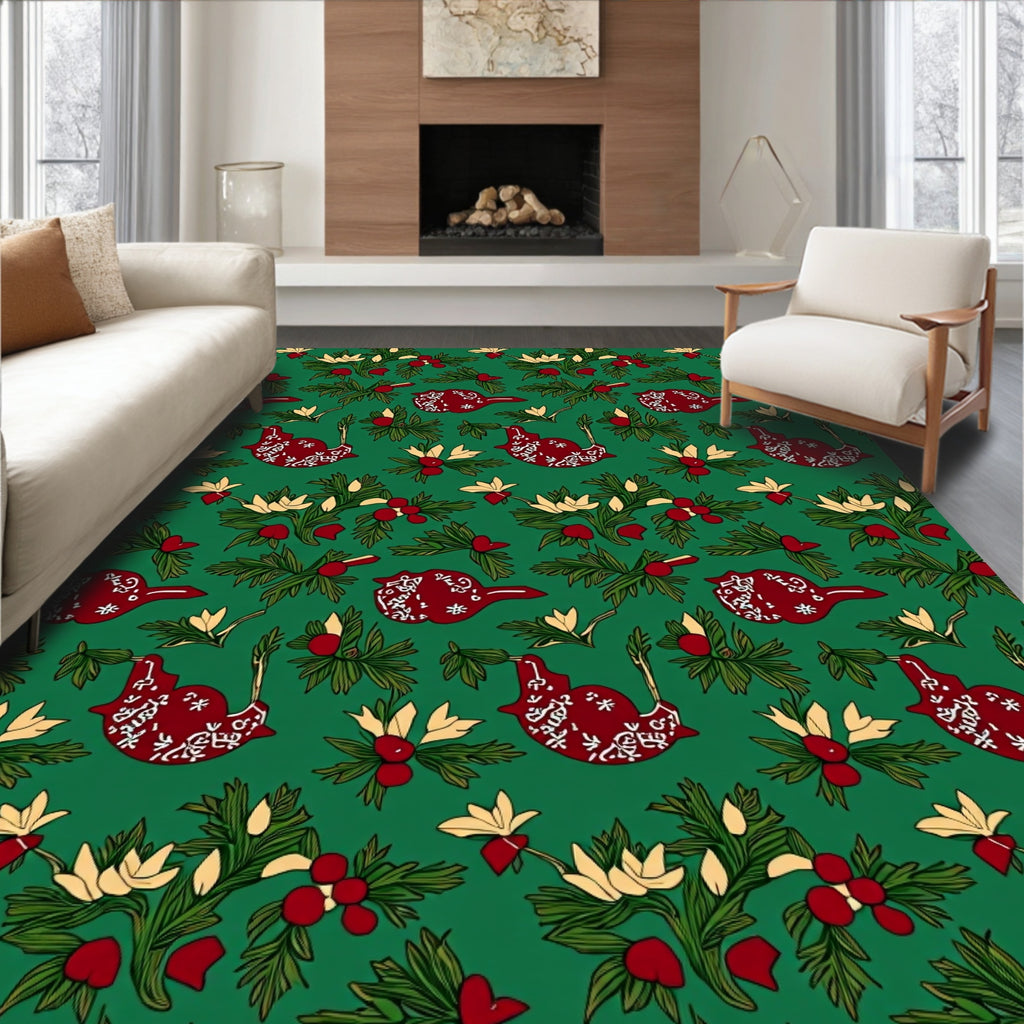 Festive Red Birds Green Holiday Foliage Rug