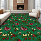 Festive Red Birds Green Holiday Foliage Rug