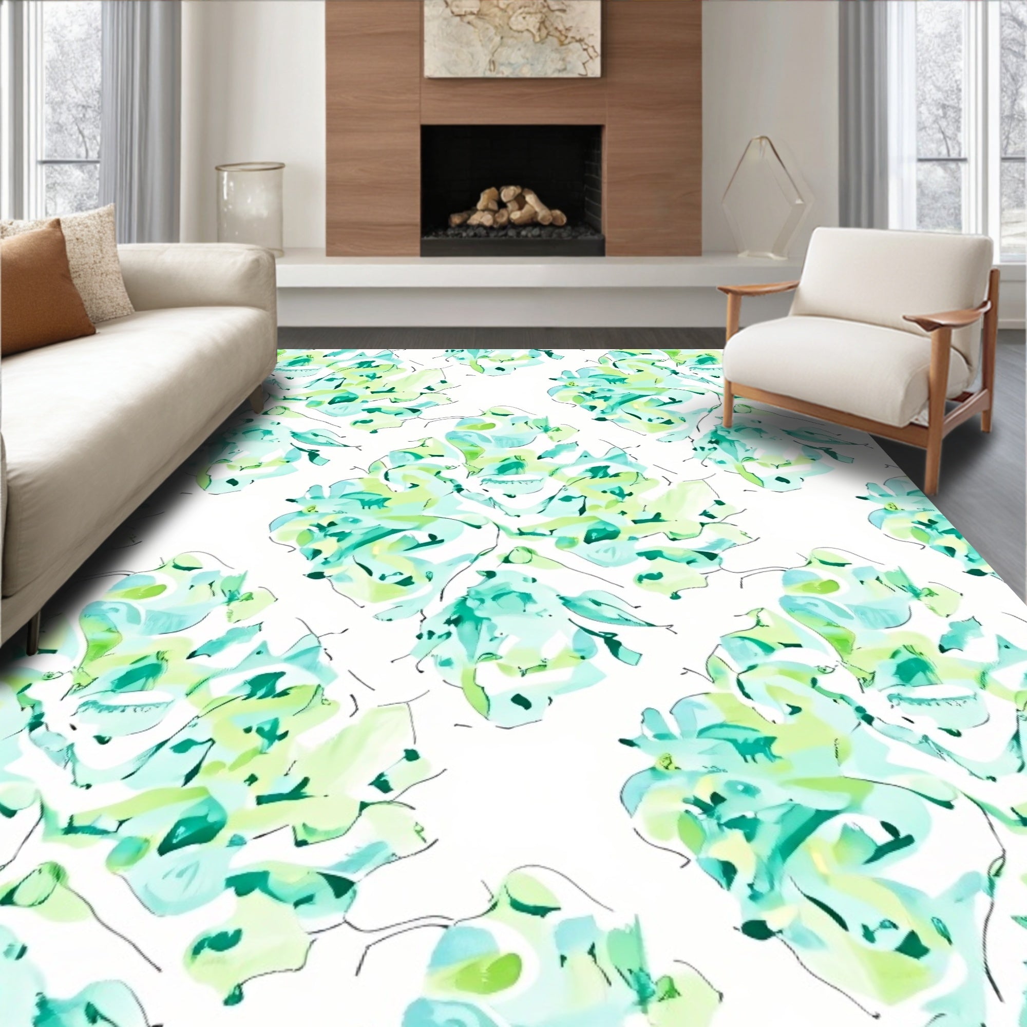 Aqua Green Abstract Floral Bloom Rug