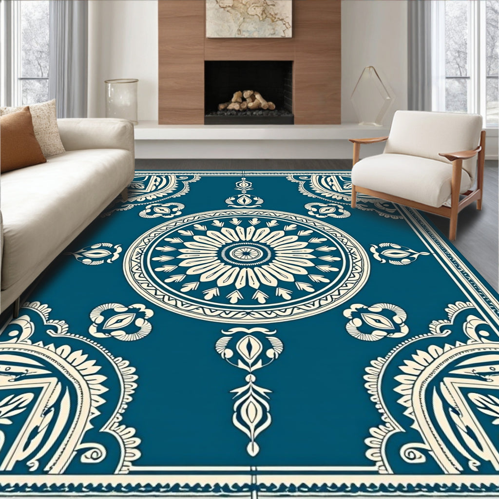 Deep Teal and Cream Medallion Border Rug
