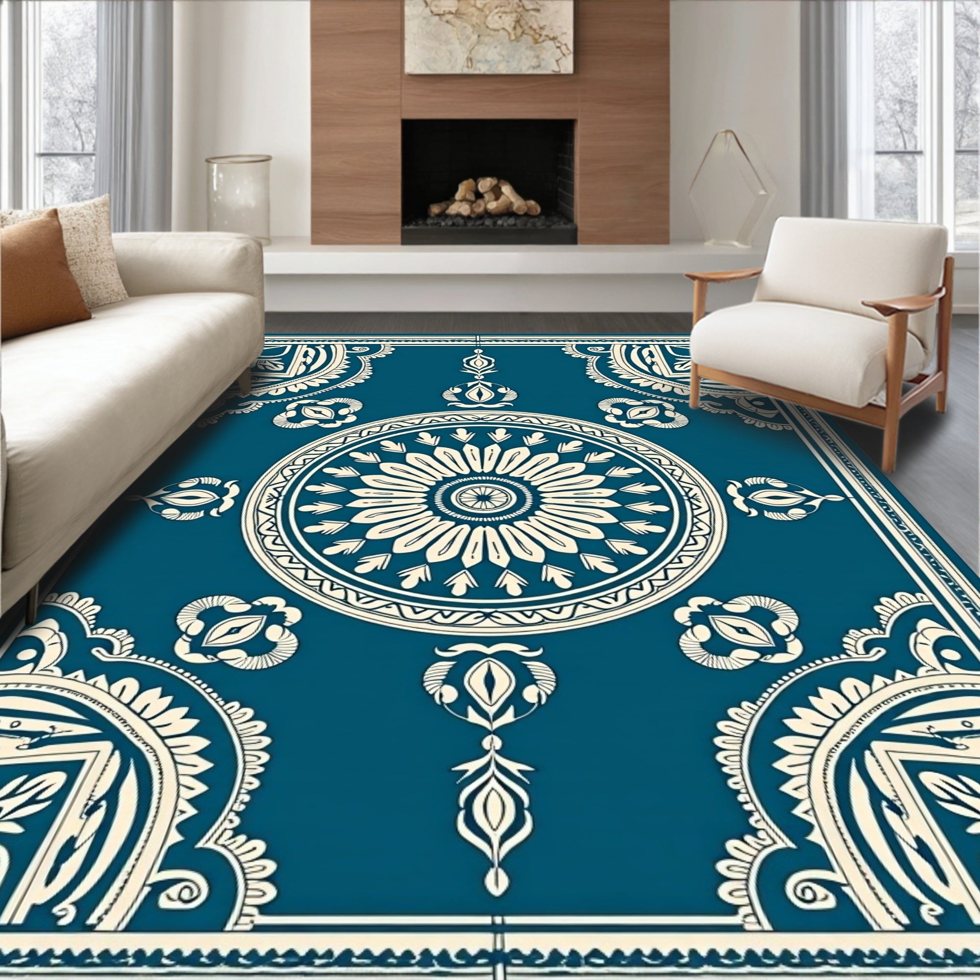 Deep Teal and Cream Medallion Border Rug