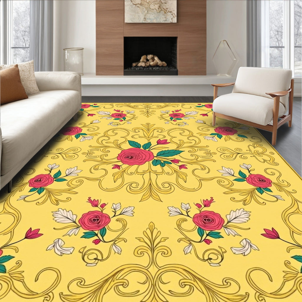 Golden Yellow Rose Scrollwork Rug