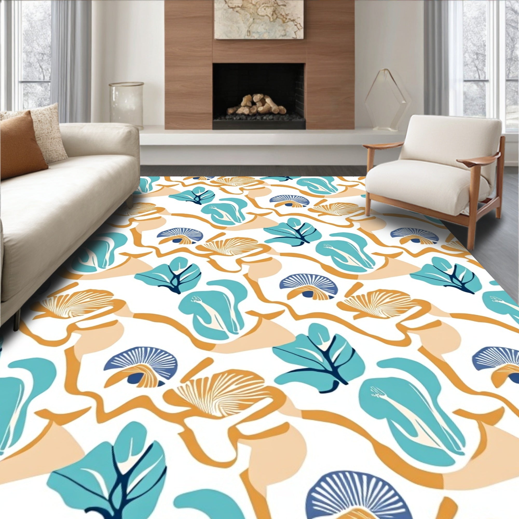 Abstract Teal Gold Leaf Swirl Rug
