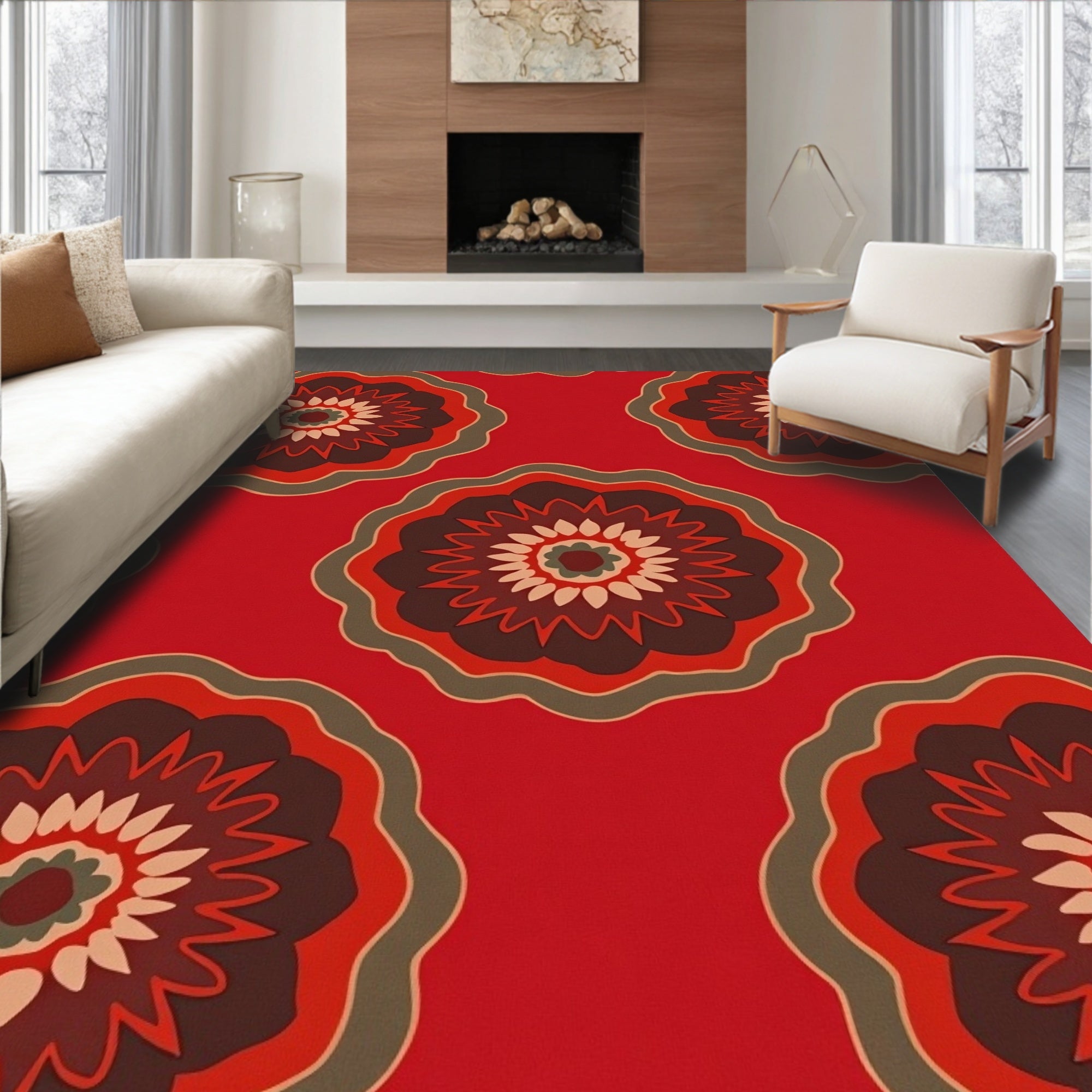 Red Floral Medallion Sunburst Arrangement Rug