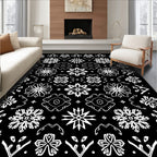 White Snowflakes on Black Background Rug