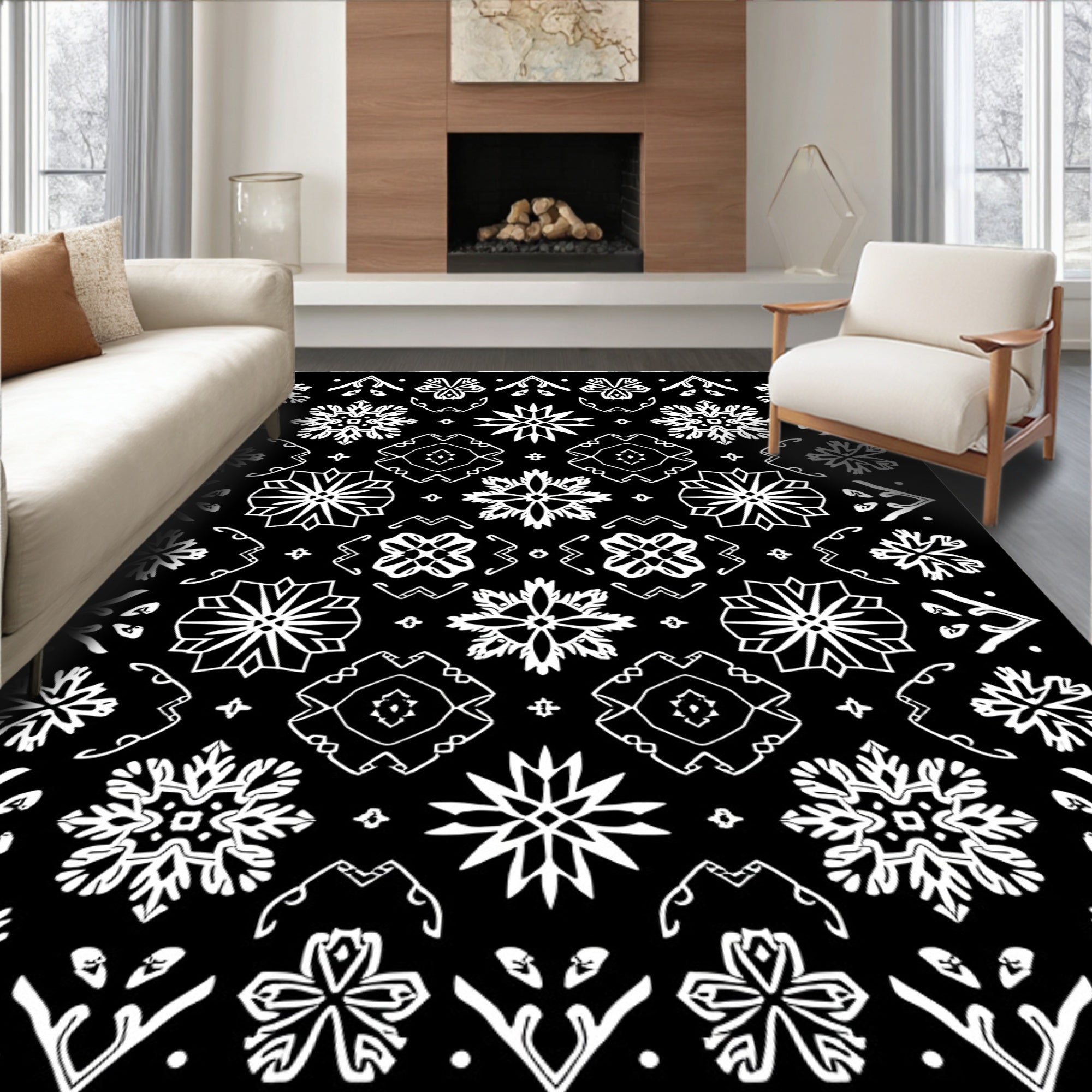 White Snowflakes on Black Background Rug
