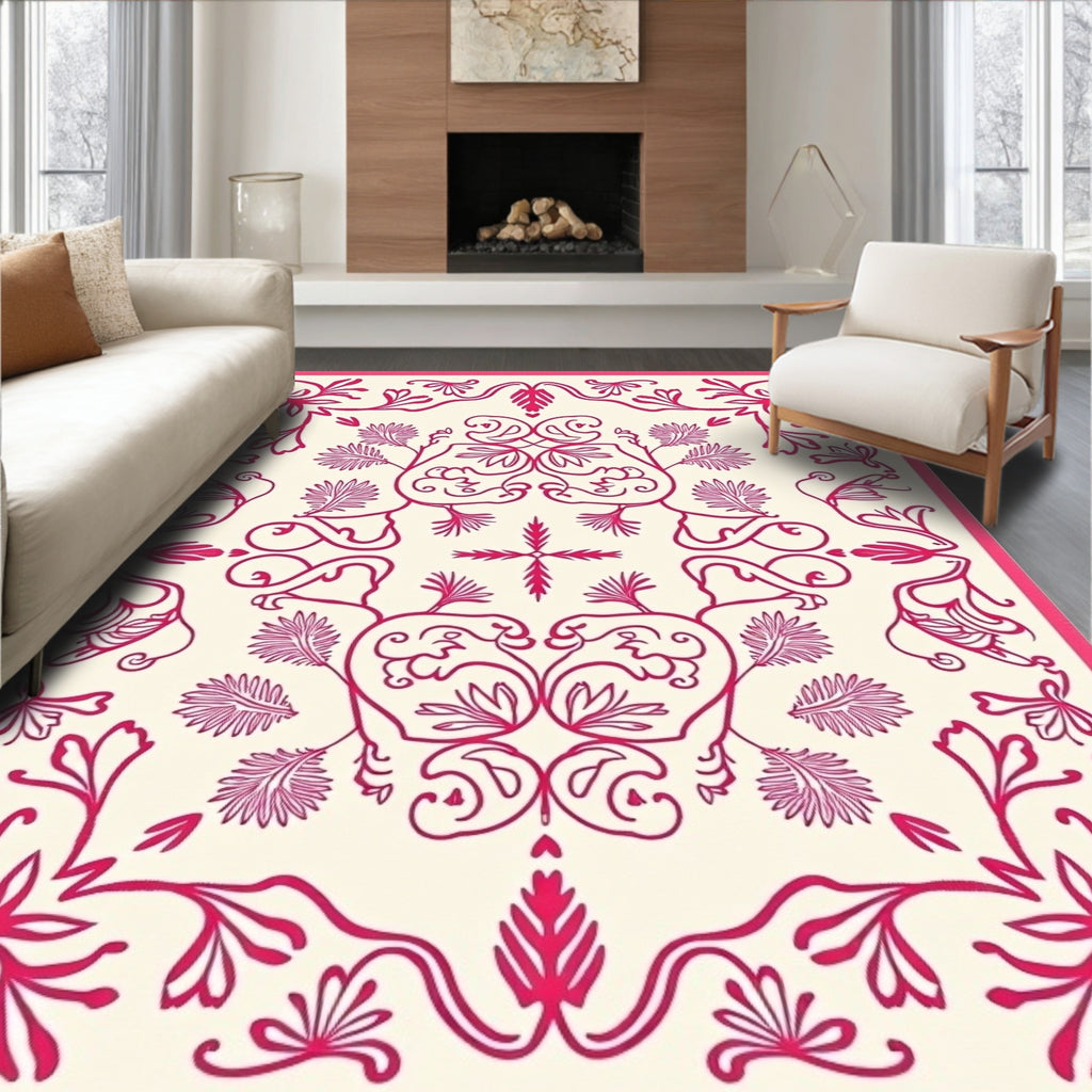 Crimson Floral Swirl Frame Rug