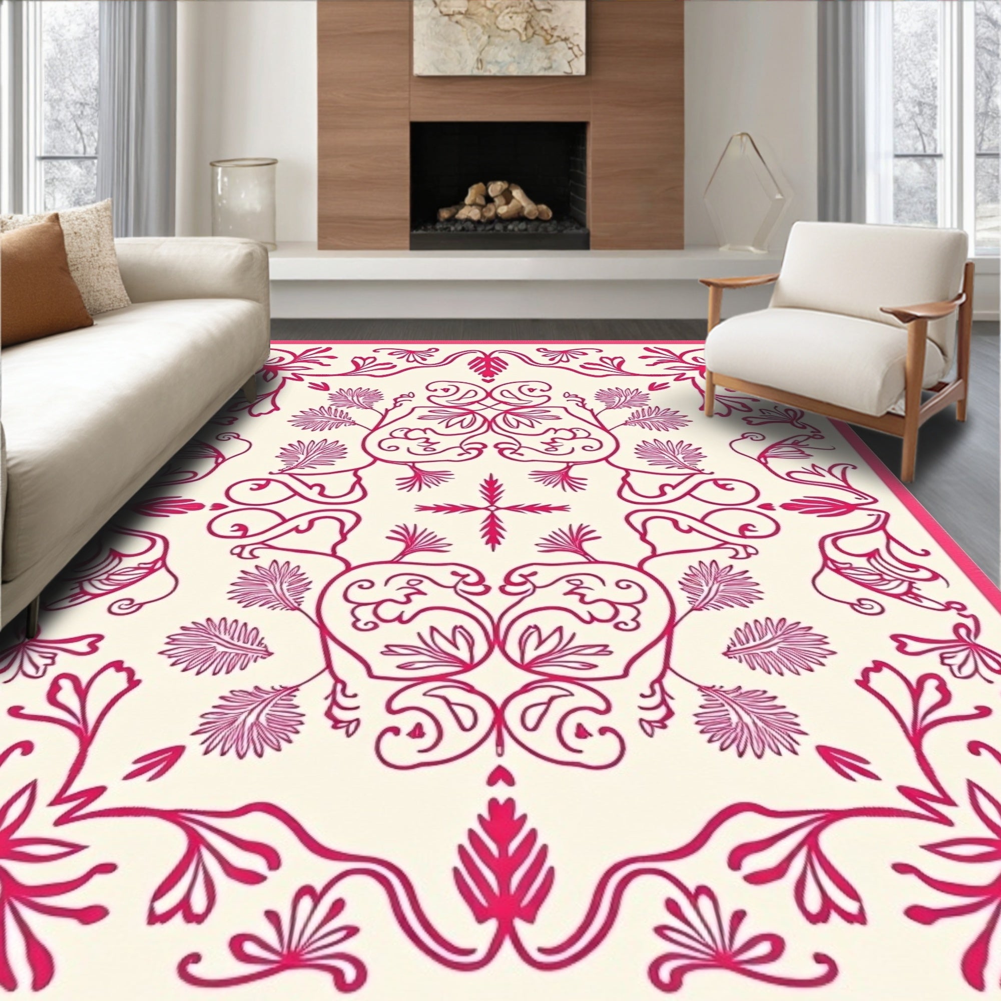Crimson Floral Swirl Frame Rug