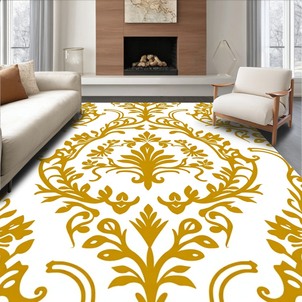 Golden Vintage Floral Damask Swirl Rug