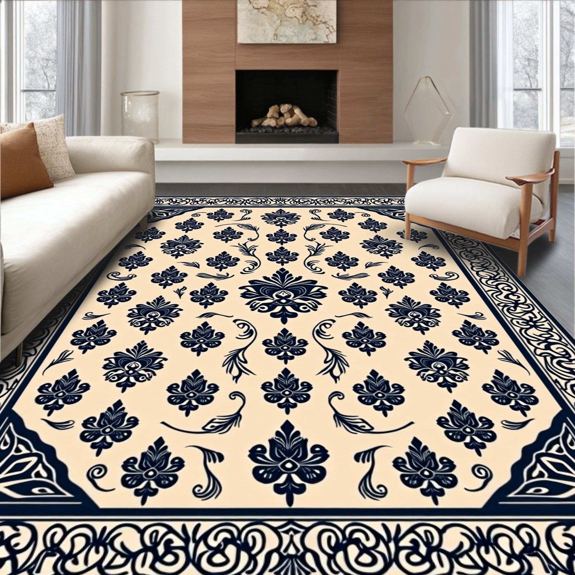 Navy Cream Damask Floral Medallion Rug
