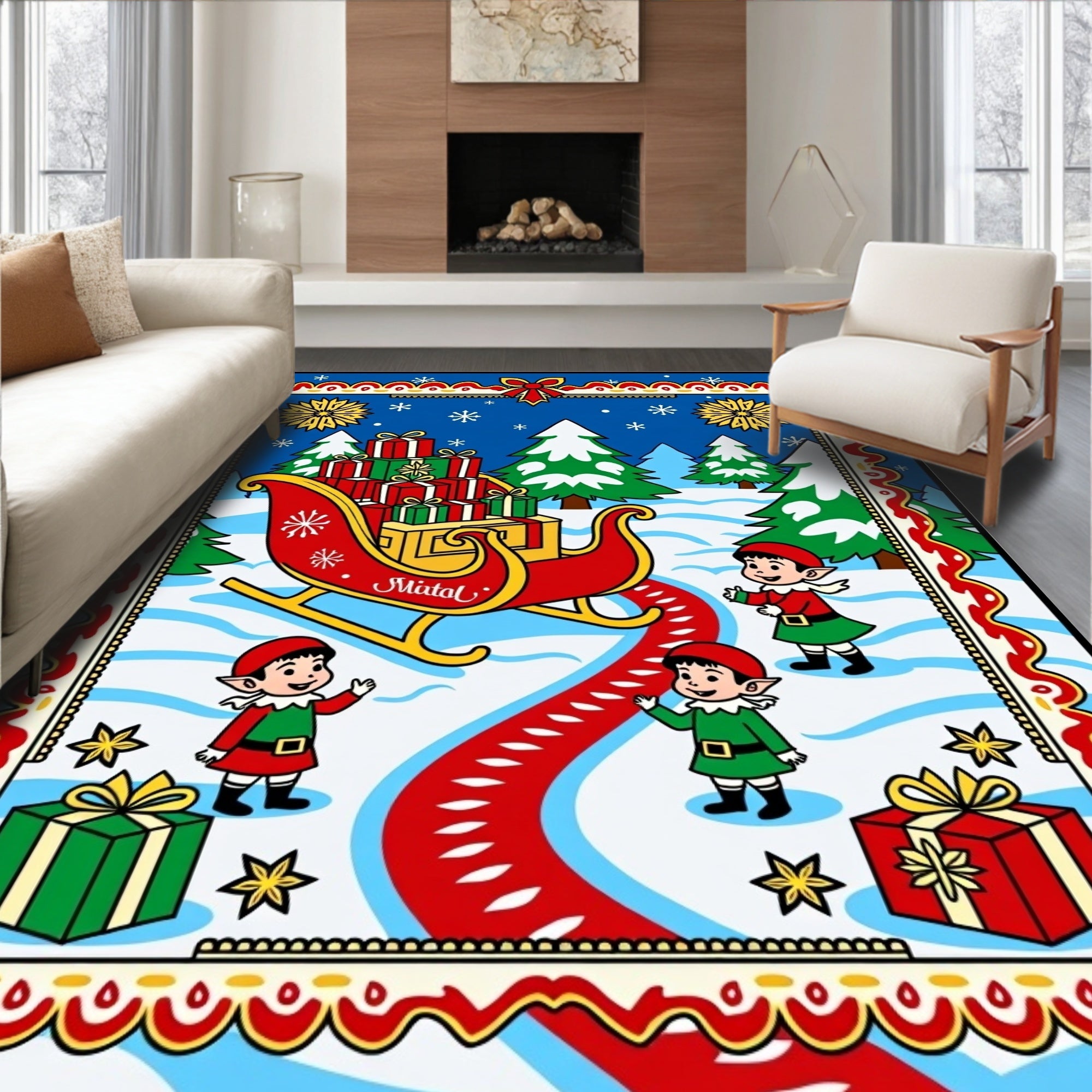 Jolly Christmas Scene with Elves and Sleigh Rug