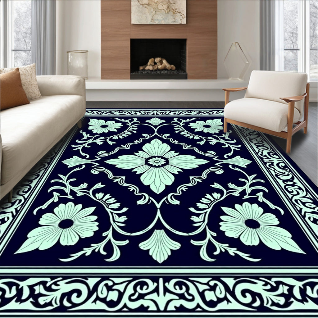 Navy Light Teal Floral Garden Rug
