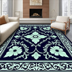Navy Light Teal Floral Garden Rug