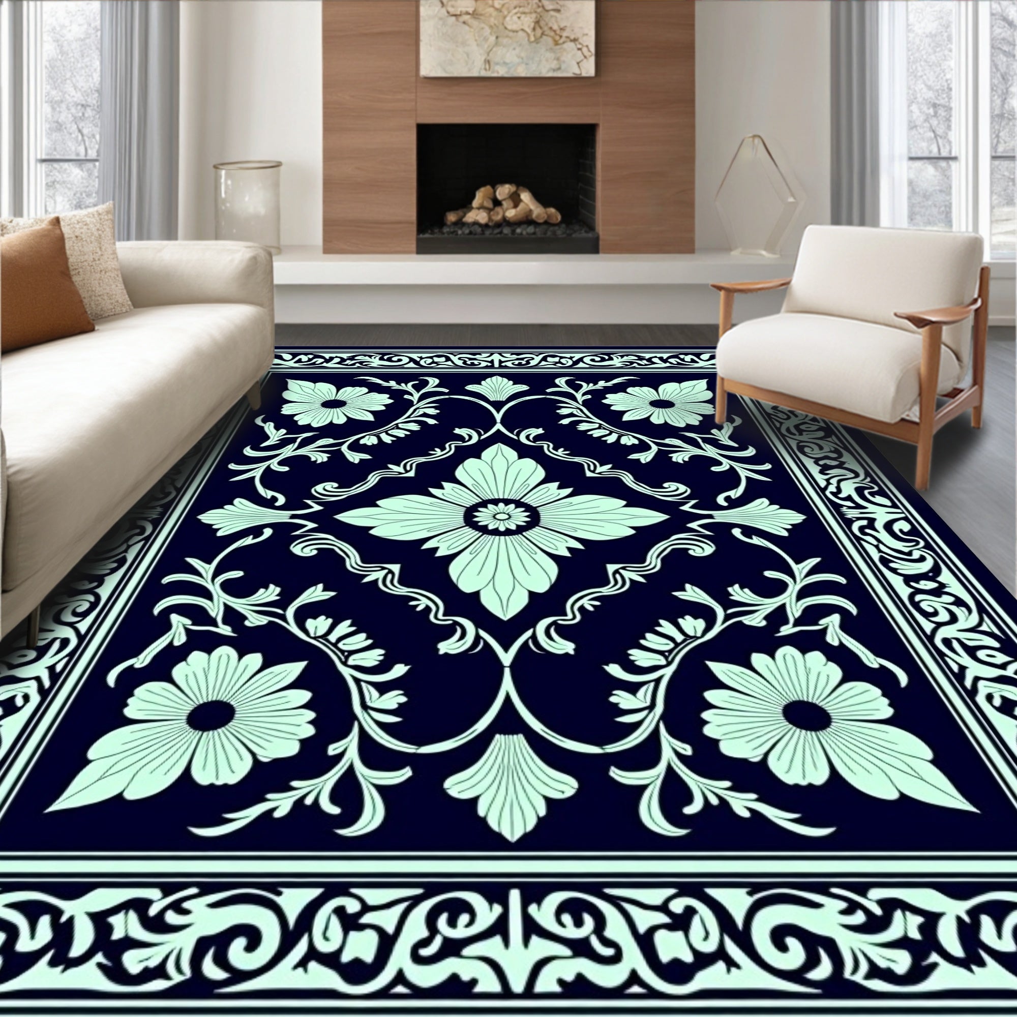 Navy Light Teal Floral Garden Rug