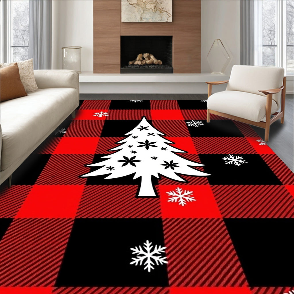Red Black Buffalo Plaid Christmas Tree Snowflakes Rug