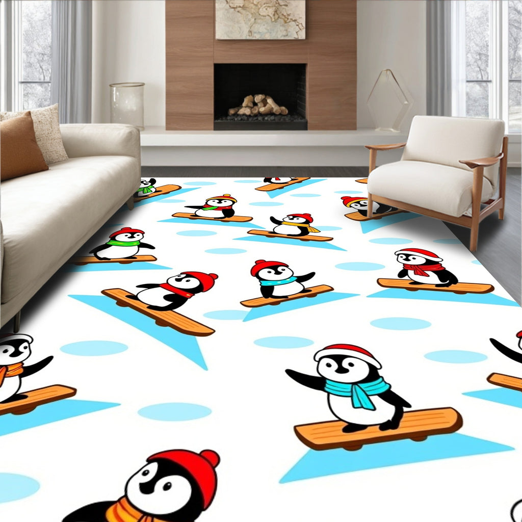 Cute Winter Penguin Snowboarding Collage Rug
